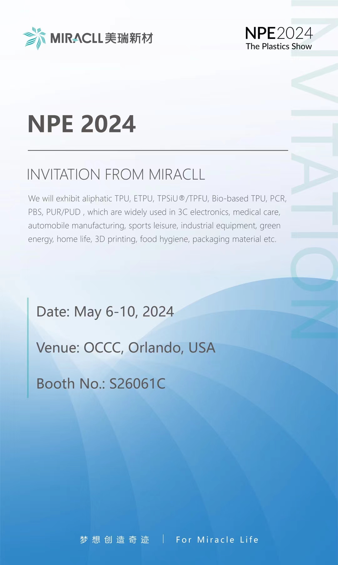 Miracll Chemicals nodigt u uit om deel te nemen aan NPE 2024